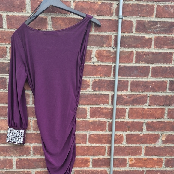 Symphony Purple One Shoulder Dress With Rhinestones. - Picture 2 of 6